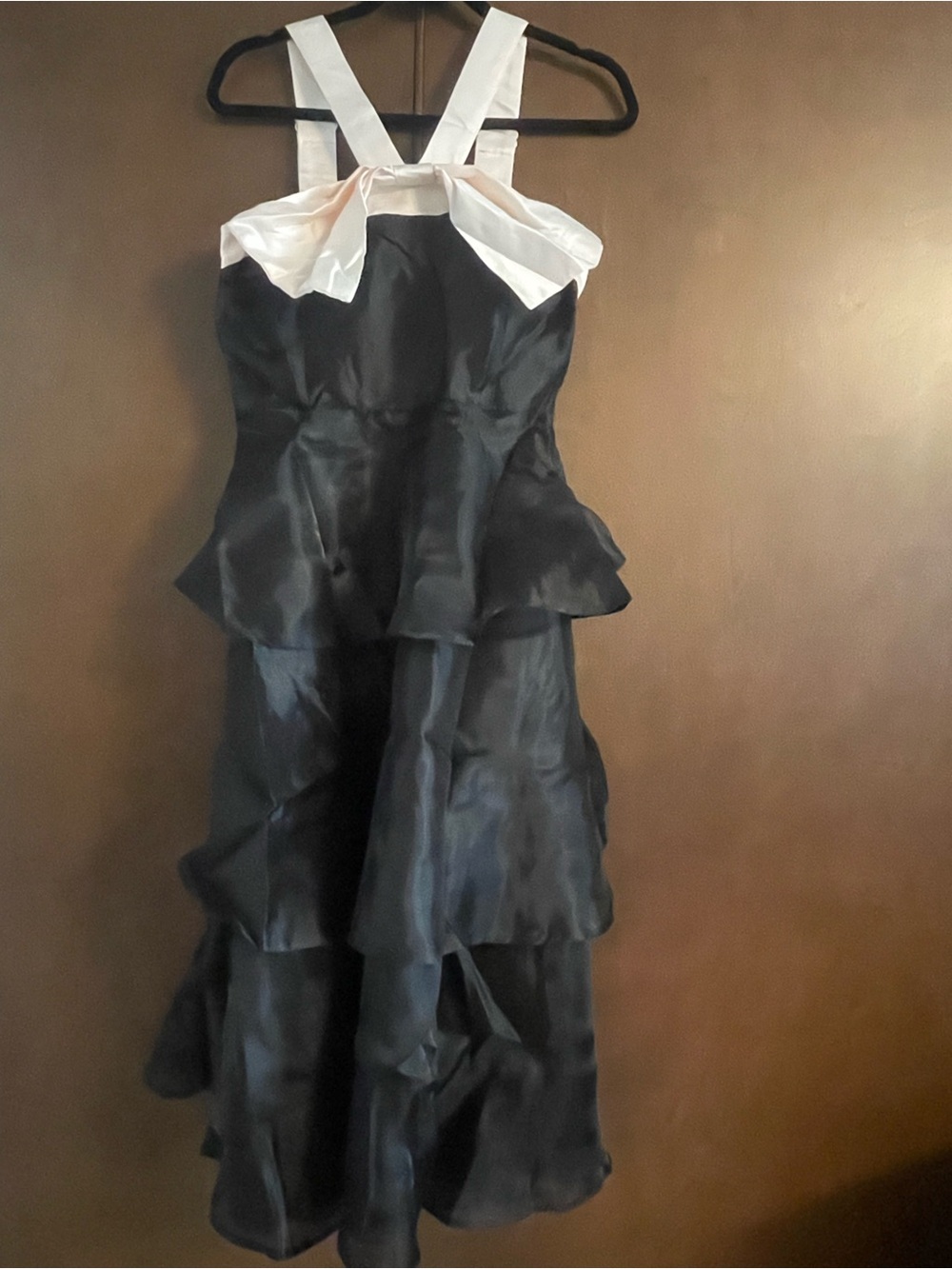 Lulu's Black Midi Tiered Dress with White Bow Straps